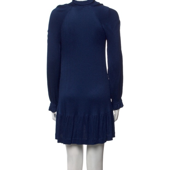 Sandro Paris V-Neck Blue Textured Mini Shift Dress Neck Tie Long Sleeve Sz 36 - Picture 2 of 16